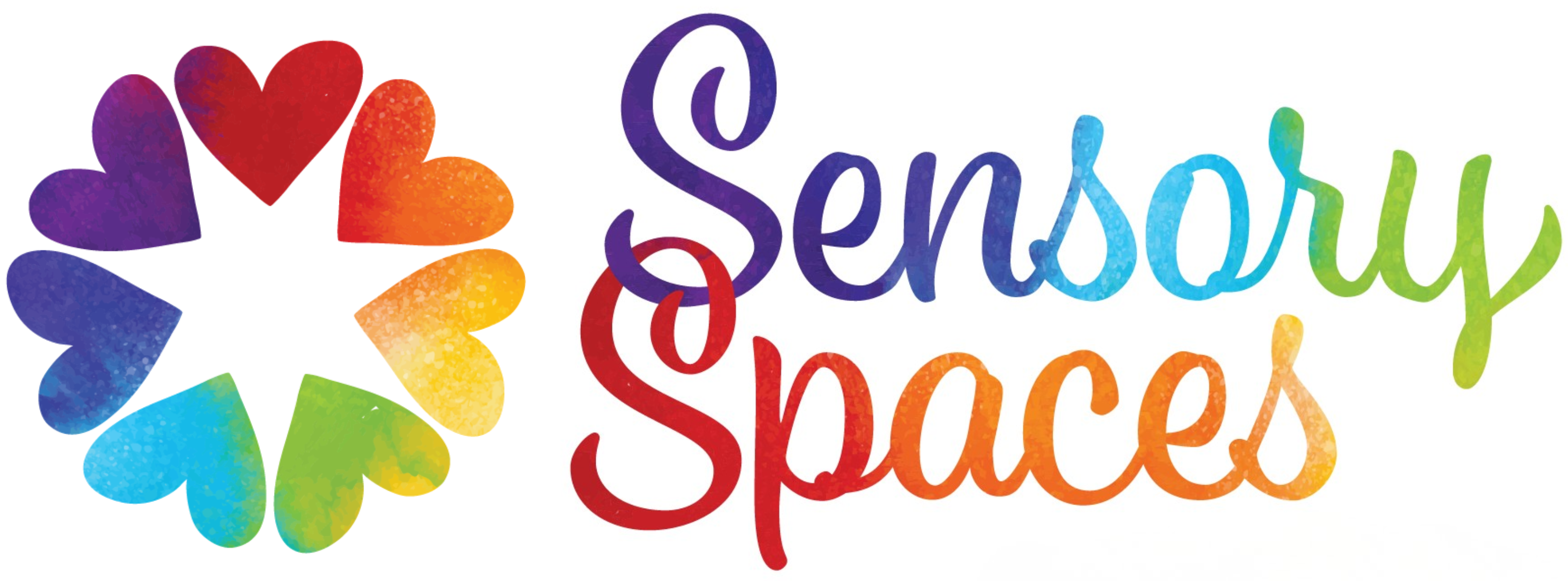 Sensory Spaces written in a rainbow of colors. 7 rainbow colored hearts in a circle to look like a flower with a starburts shape in the middle.