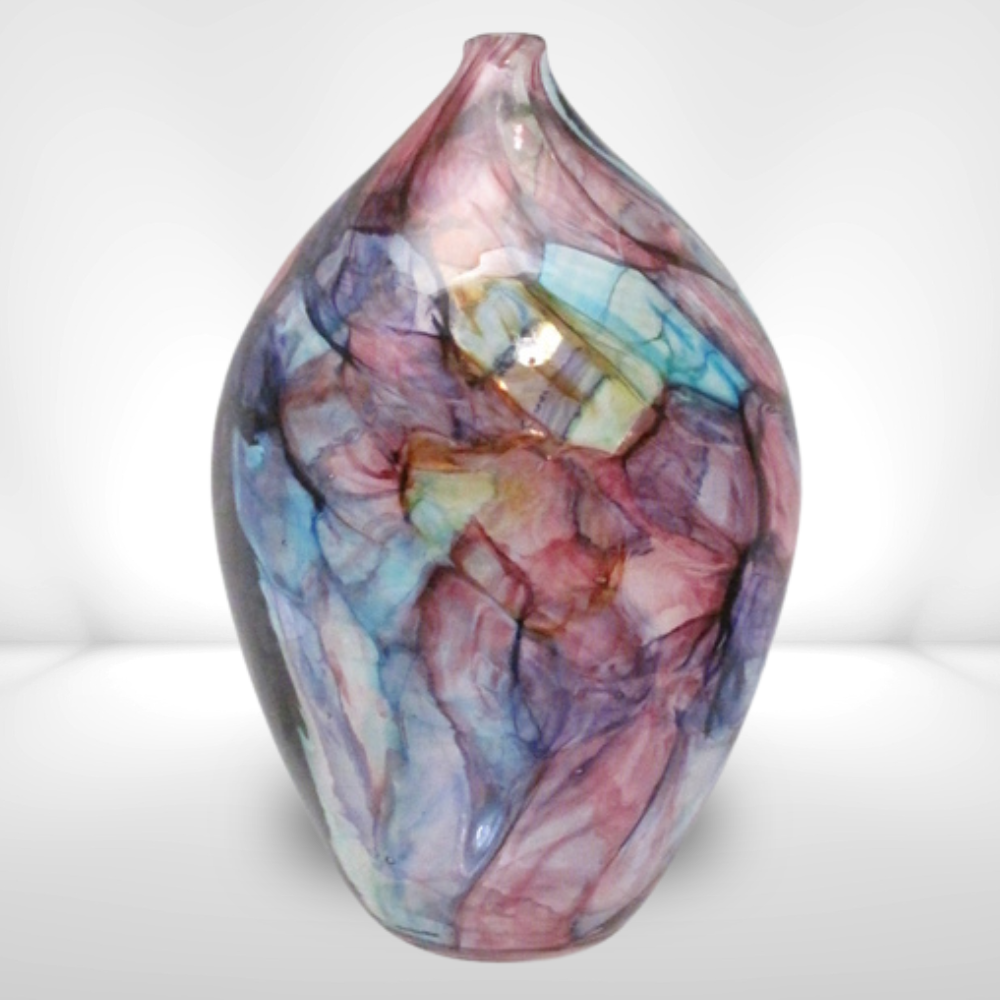 Glass-blown vase watercolor like swirls of pinks and blues 