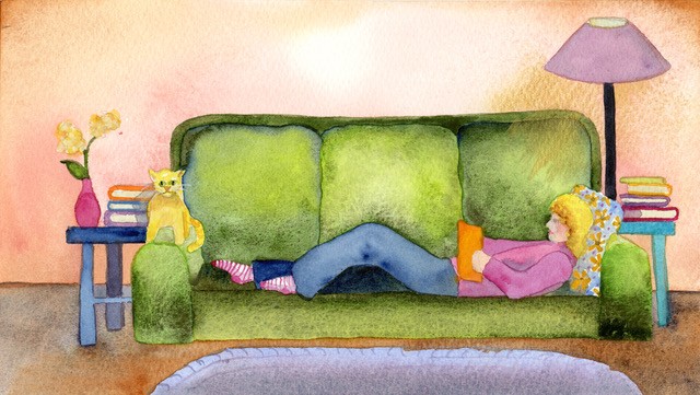 Watercolor of a woman reading on a couch with a cat