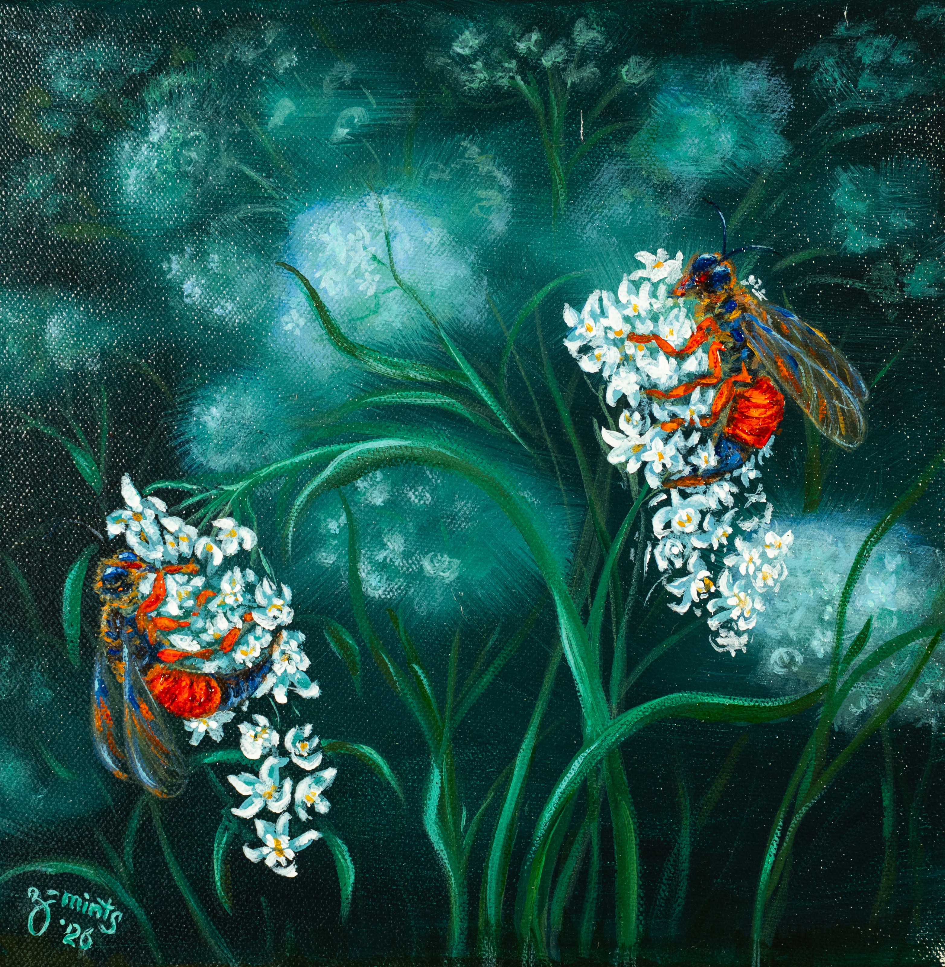 Painting of bees on white flowers