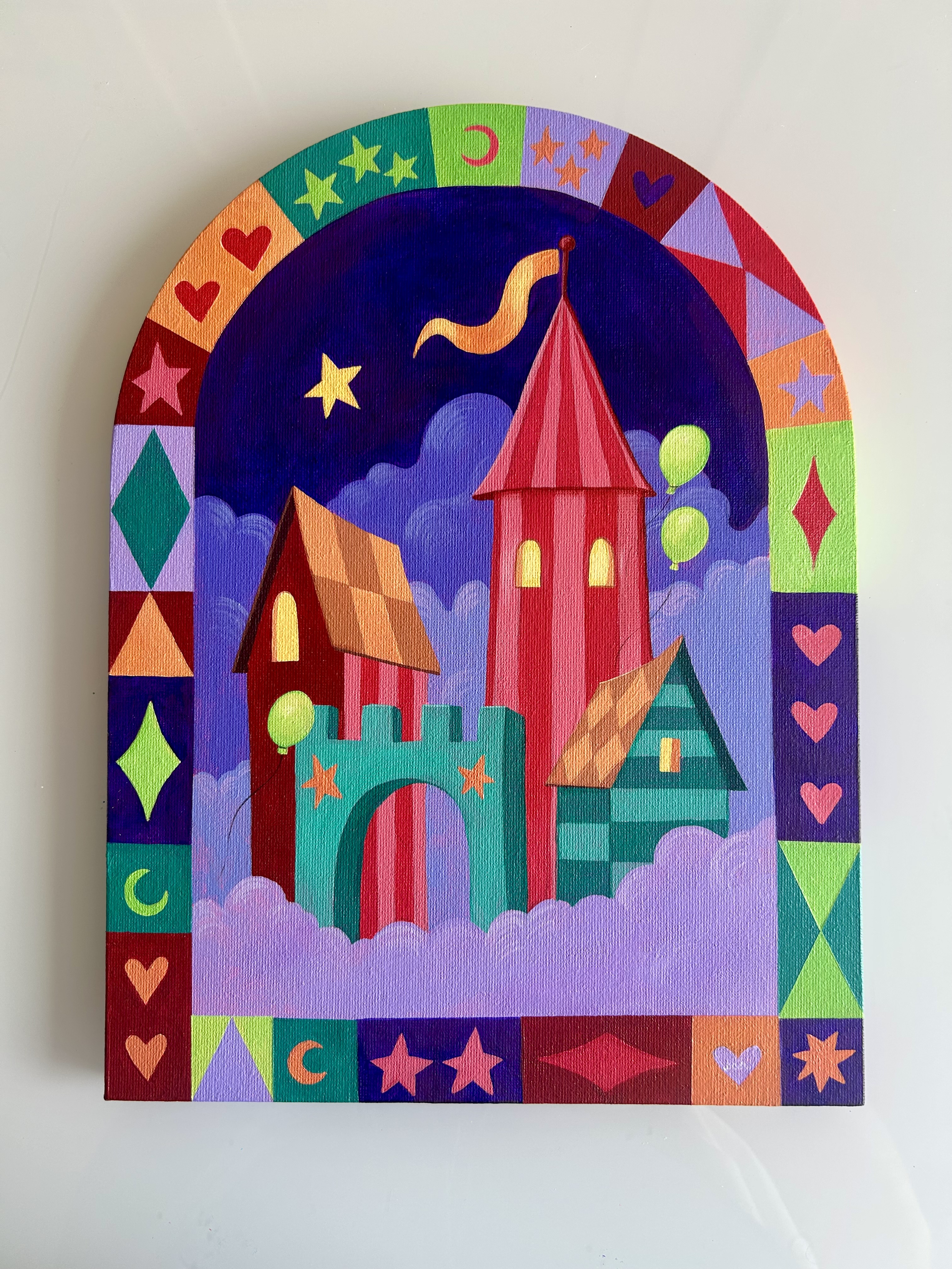 Acrylic castle in the clouds, framed by shapes