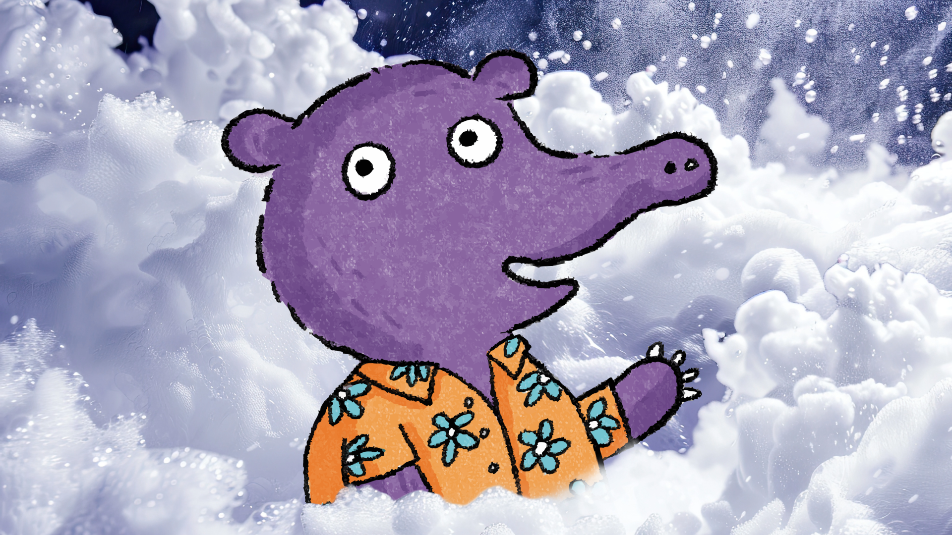 Purple creature in the middle of a bunch of bubbles