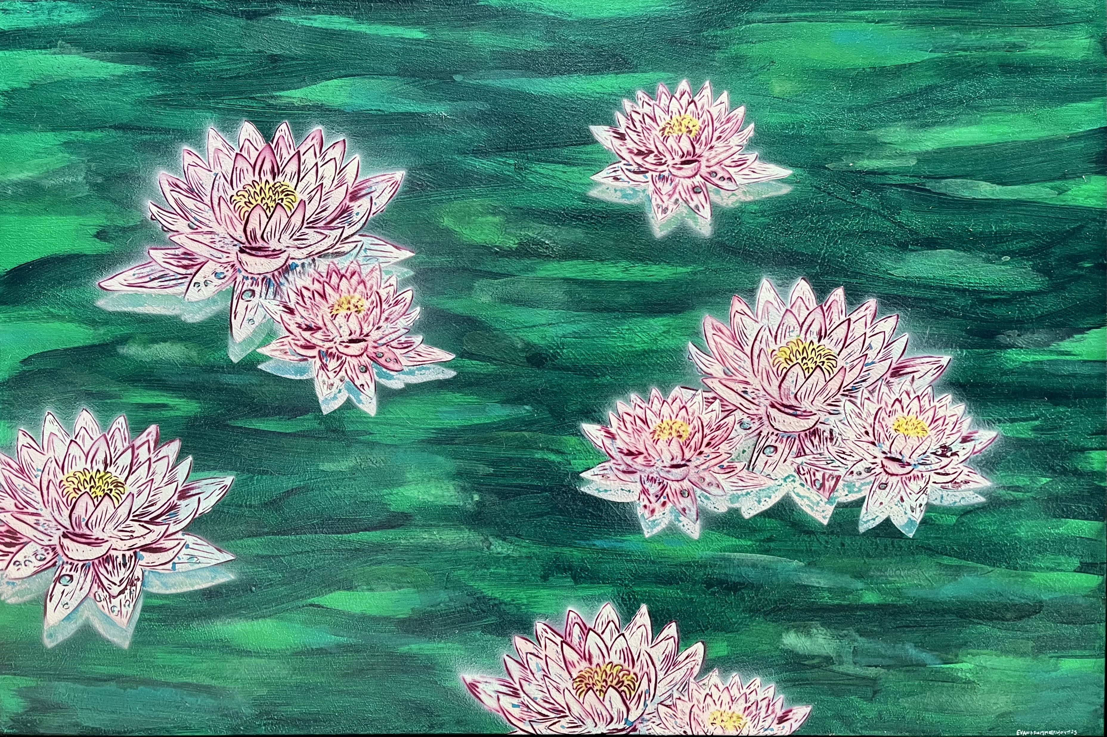 painting of water lilies in green water