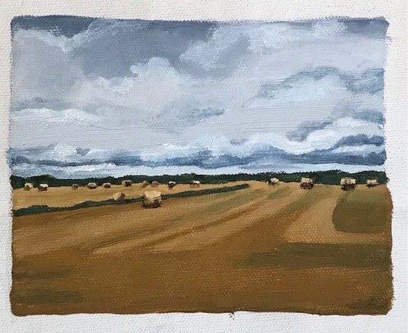 Oil painting of hay bales dotted across a vast field