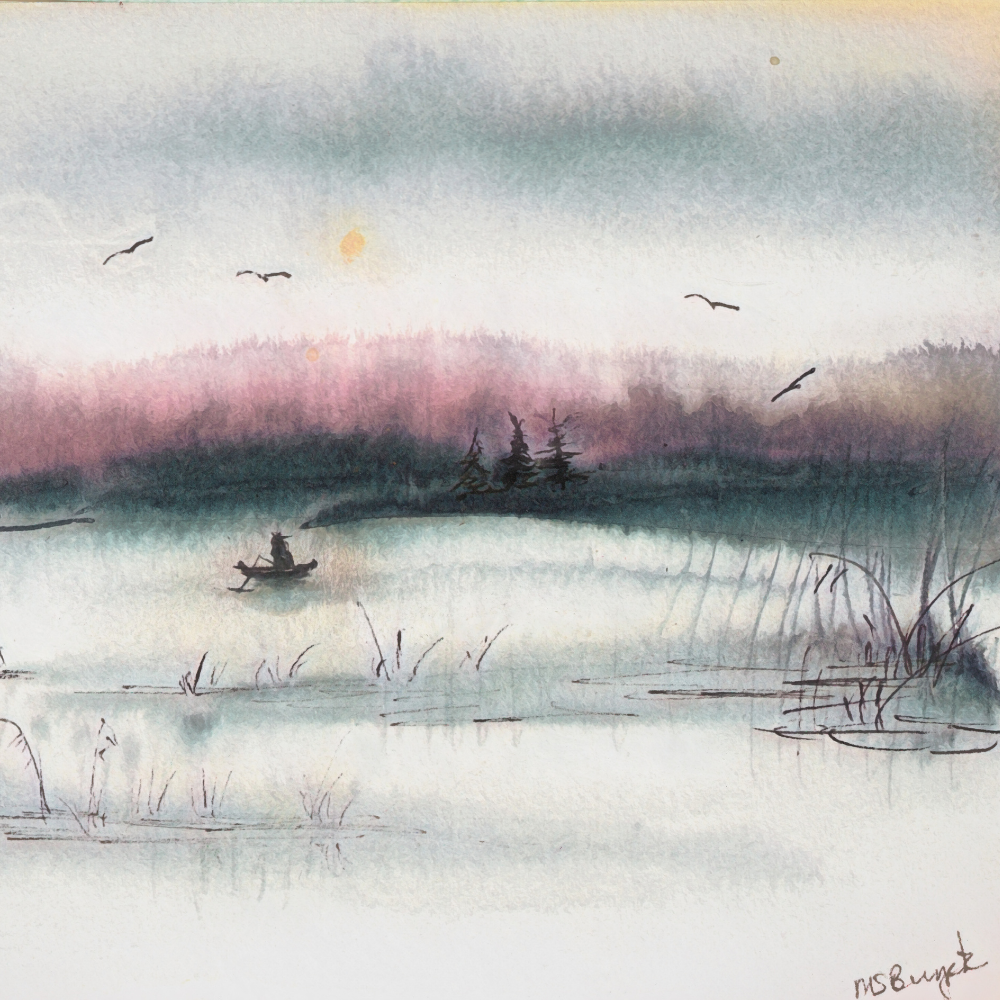 Soft ink painted image of a cool colored lake and a fisherman on a boat