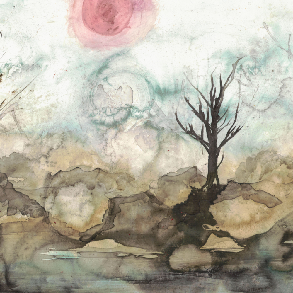 Ink painting of a barren landscape in cool tones 