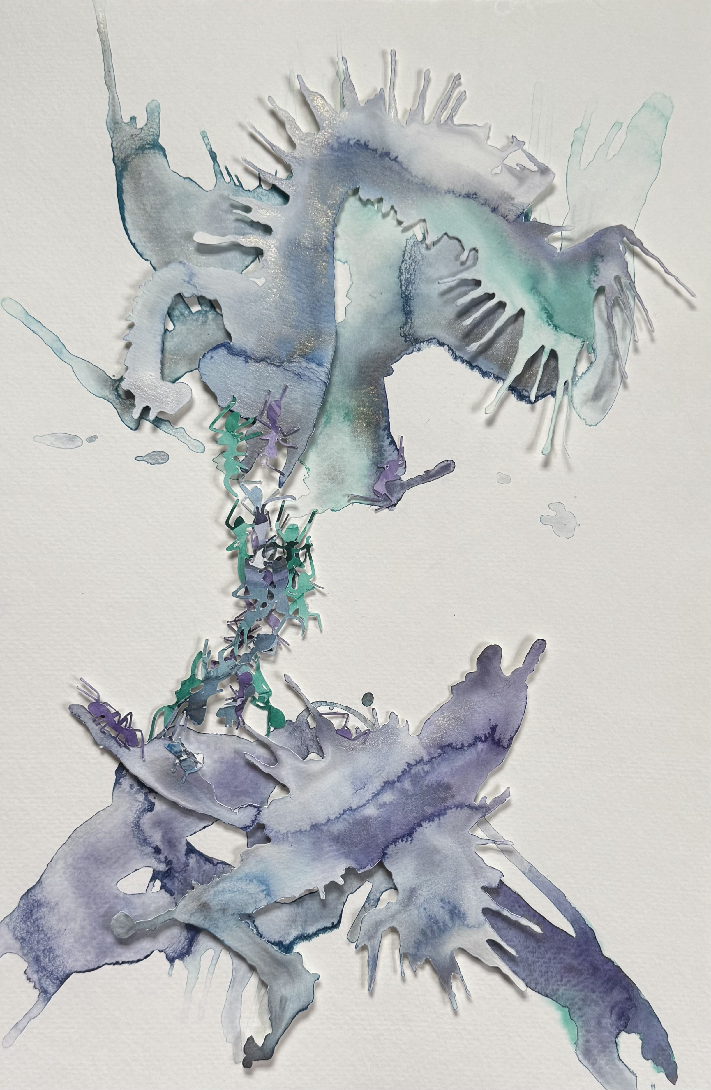 watercolor splashes in cut out shapes to look like two birds meeting in the middle