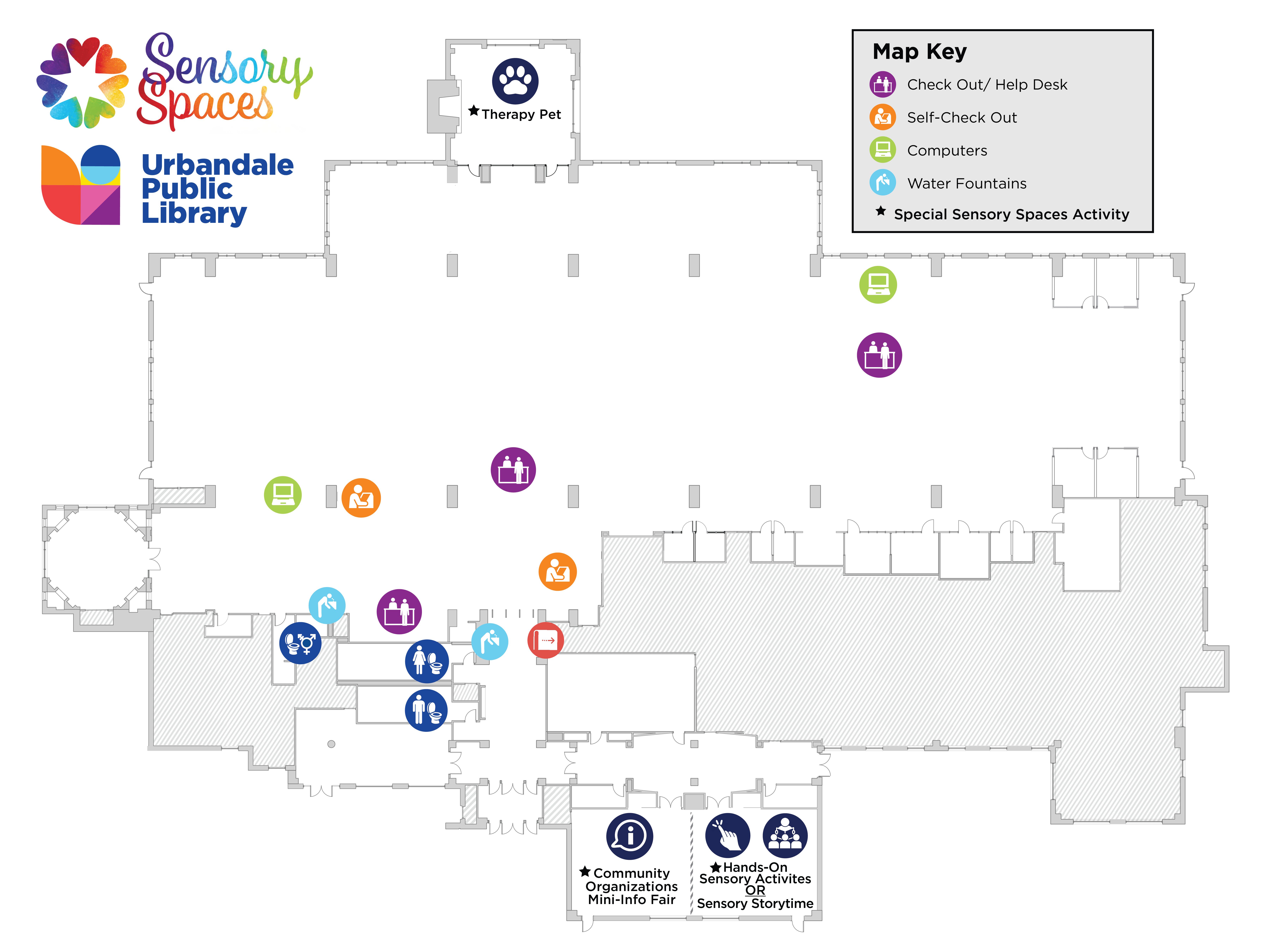 Basic map of Urbandale Library layout with key features labeled like help desks, bathrooms, and sensory spaces activities.