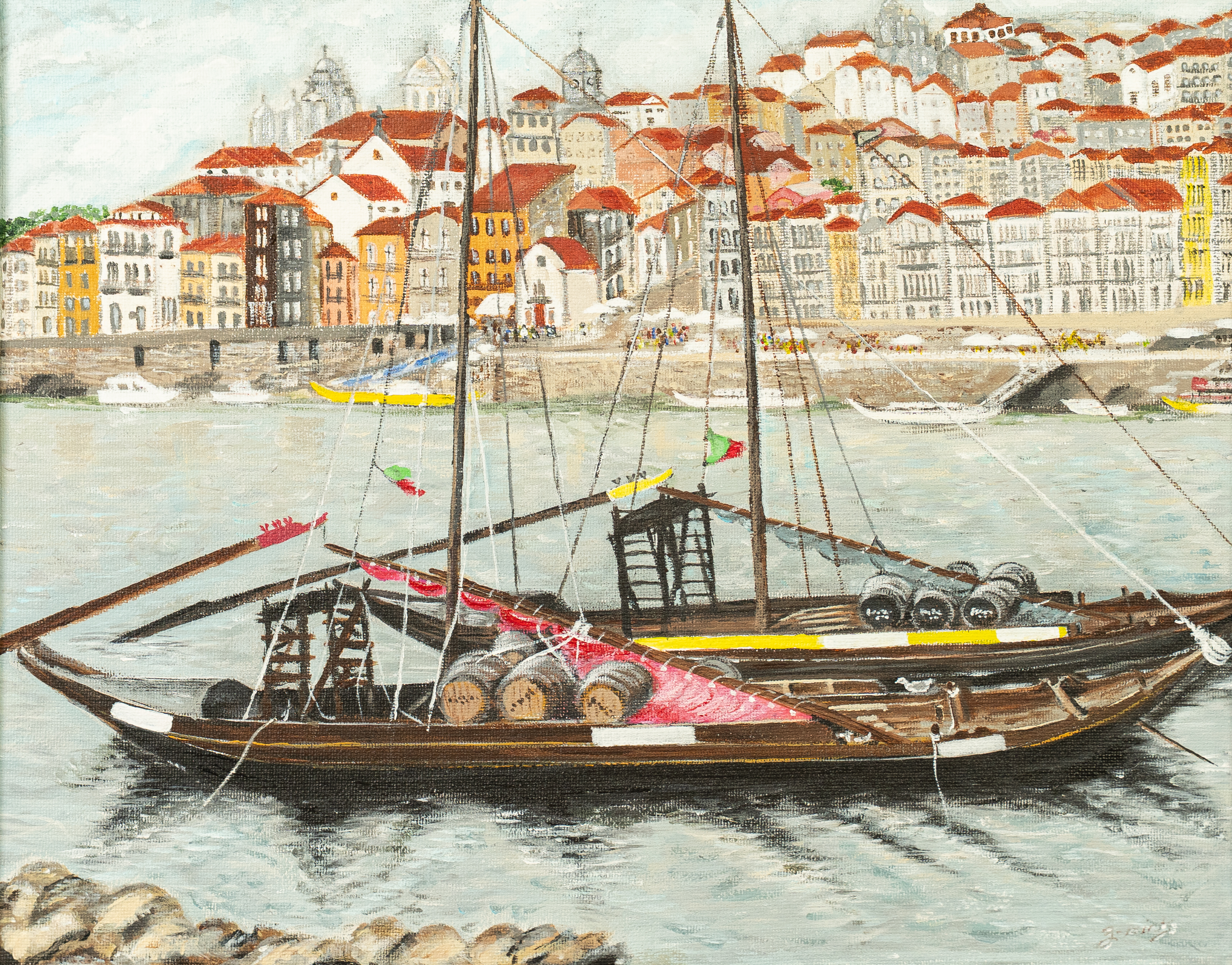 Painting of a ship in harbor of a European village