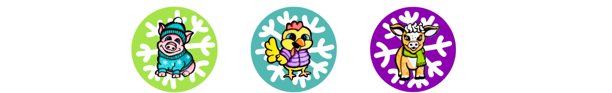 A chicken, cow, and pig wearing winter clothes