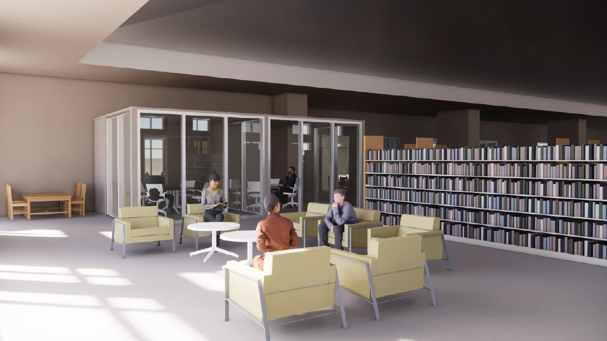 two people sitting in chair with glass wall study rooms in background