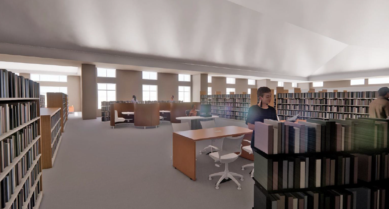 woman browsing bookshelf with customer service desk and seating in background