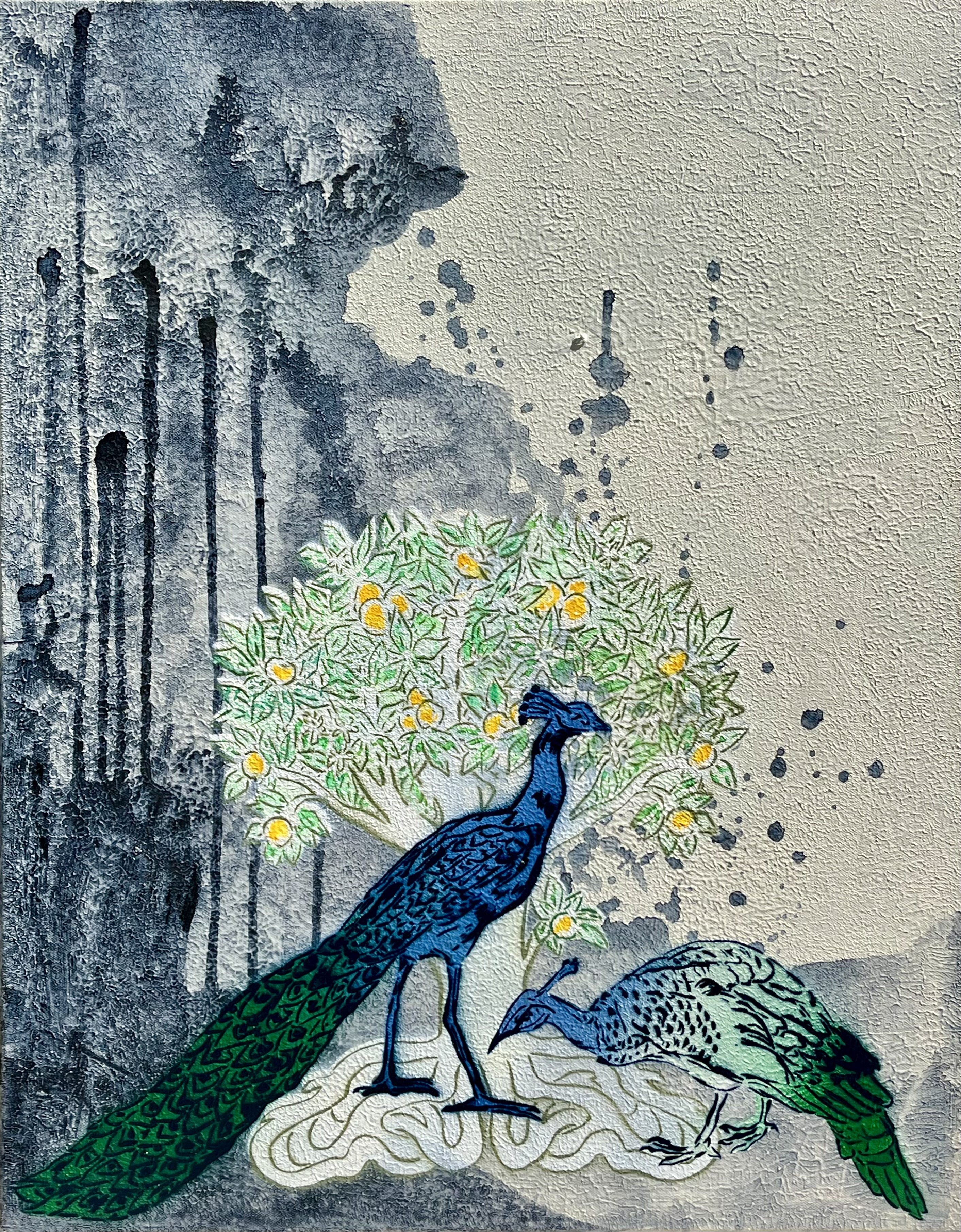 painting of peafowl and a lemon tree