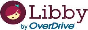 Libby by OverDrive logo with smiling emoji person with a bow that looks like a bookmark