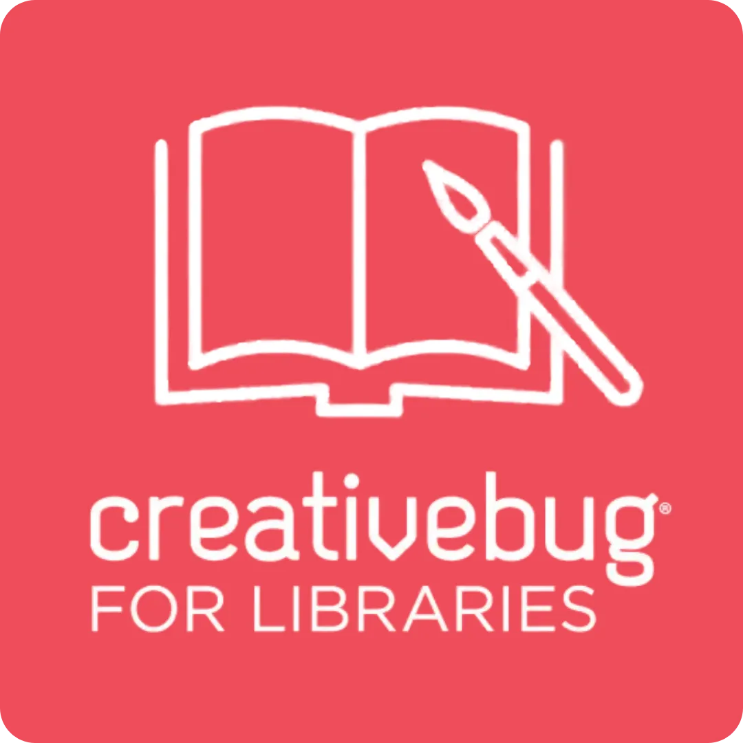 Creativebug for Libraries logo with a book and paintbrush