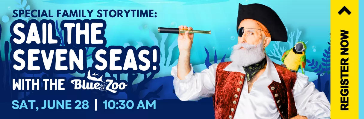 A pirate and an underwater backround with the Blue Zoo Storytime