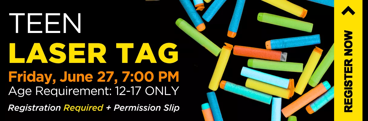Image of scattered Nerf darts and Teen Laser Tag program