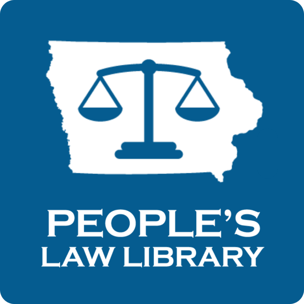 People's Law Library of Iowa logo shows the shape of Iowa with a scale in the middle.
