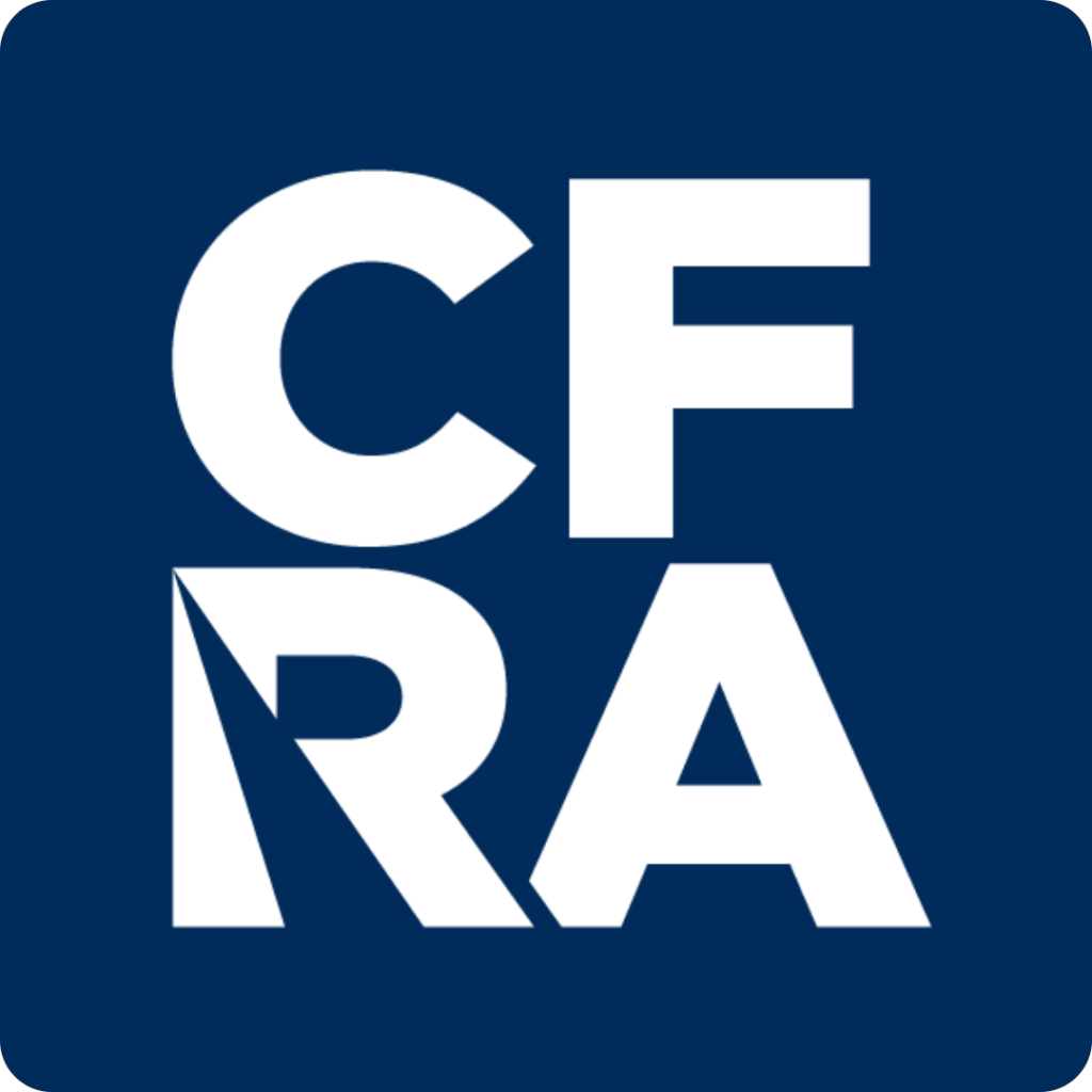 CFRA logo shows large capital letters for CFRA with a slash through the R.