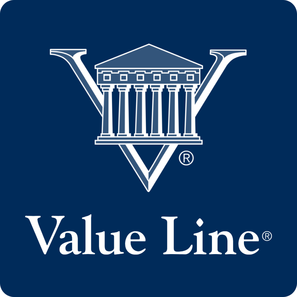 Value Line logo shows a capital letter V with a building that looks like the columns of the rome pantheon in front of the V.